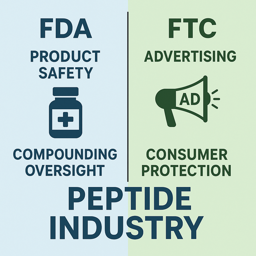 Infographic illustrating FDA and FTC regulatory roles in the peptide market
