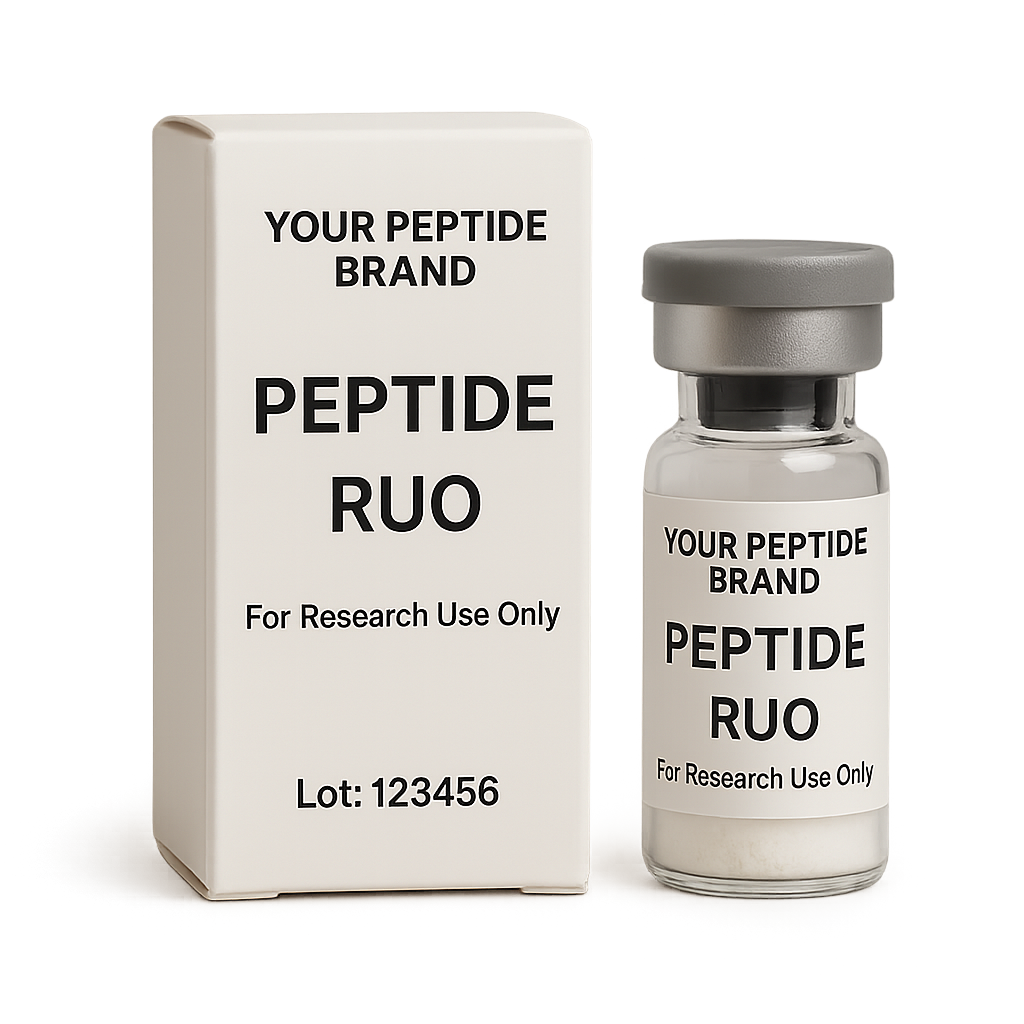 Example of RUO peptide packaging label showing regulatory compliance statements