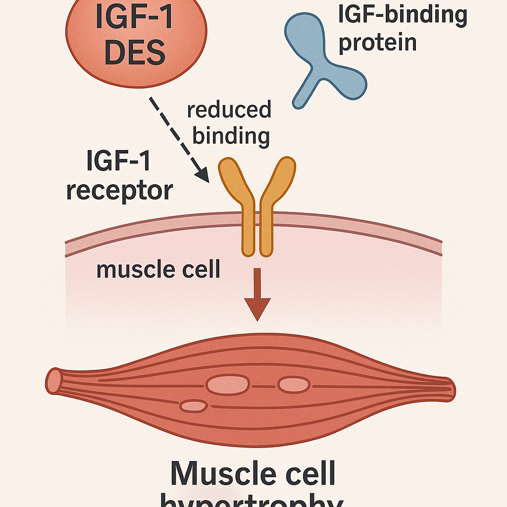 Diagram illustrating IGF-1 DES interaction with muscle cell receptors and downstream signaling