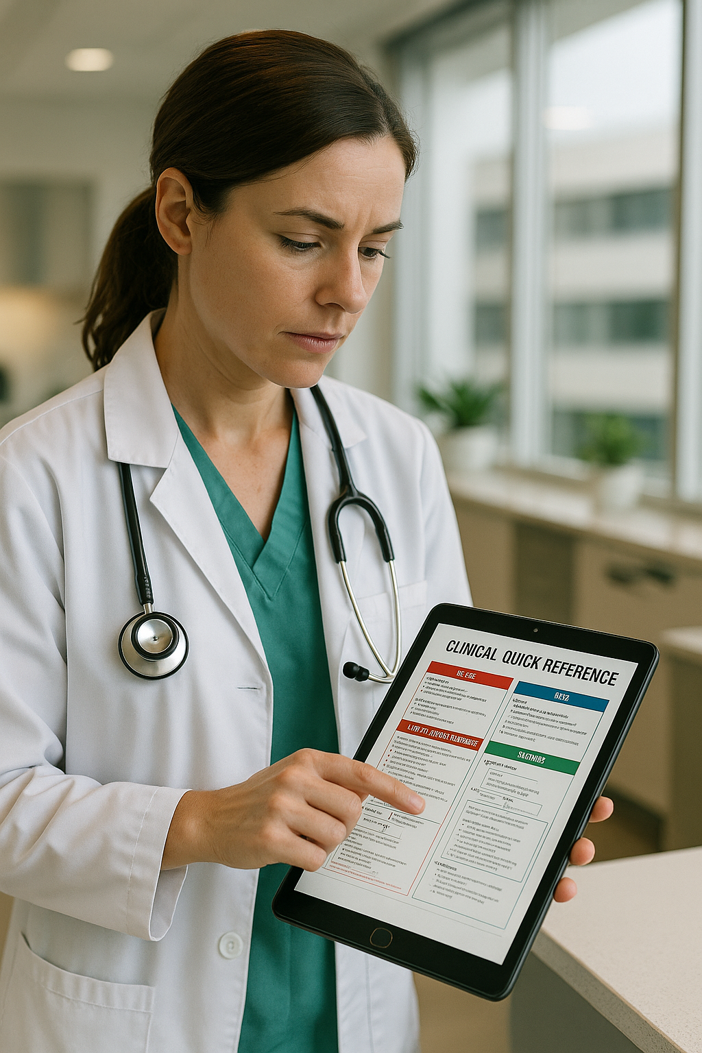 Healthcare professional reviewing a clinical quick-reference tool on a tablet in a modern clinic