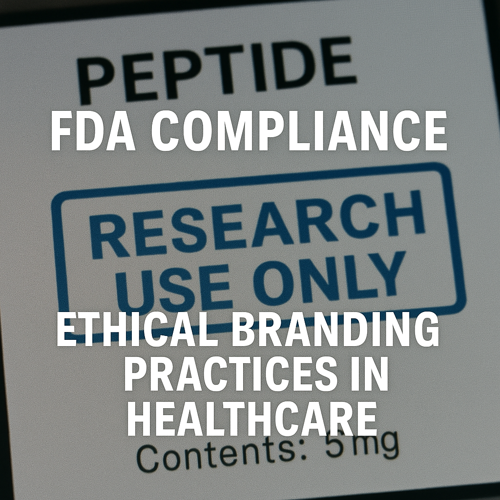 Sample peptide brand labels and packaging demonstrating compliance and brand consistency
