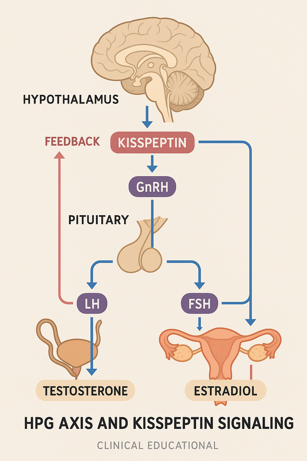 Infographic depicting the hypothalamic-pituitary-gonadal (HPG) axis and kisspeptin's role
