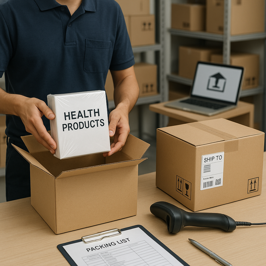 Health product packaging and shipping process illustrating outsourced logistics