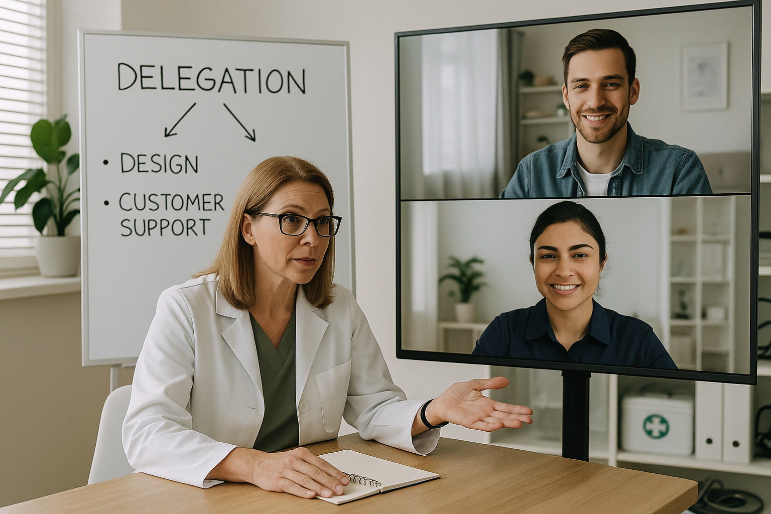 Clinic team collaborating with outsourced design and support experts to enhance branding and customer service