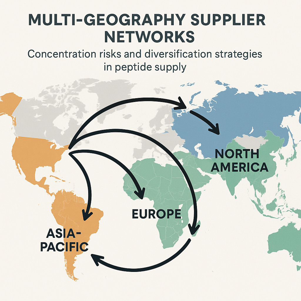 Global map highlighting major peptide supplier regions: Asia-Pacific, North America, and Europe