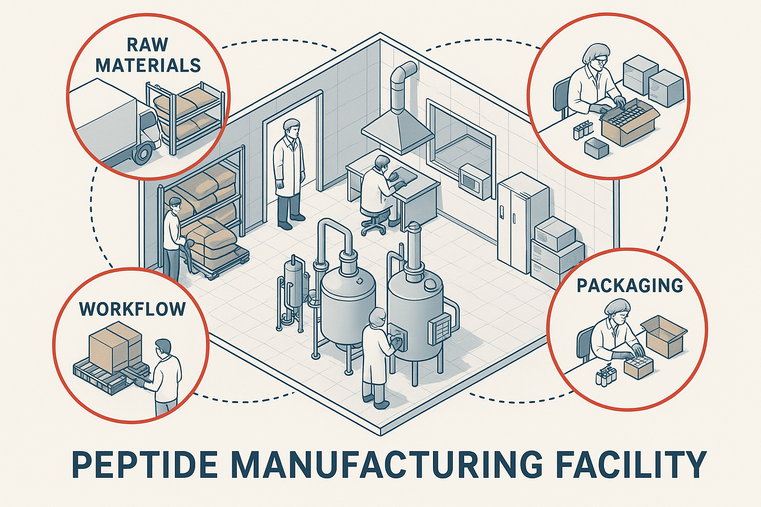 Diagram illustrating peptide manufacturing workflow and supply chain vulnerabilities