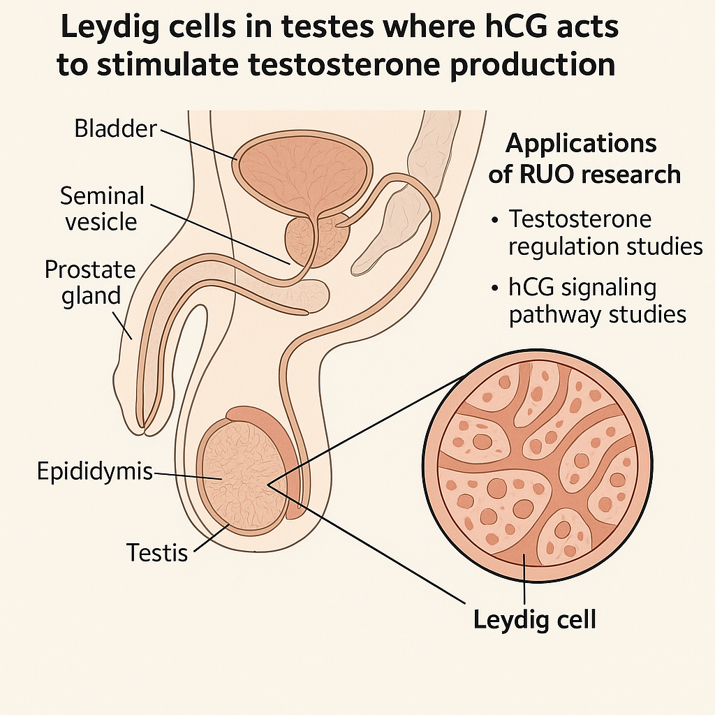 Diagram showing hCG binding to LH/CG receptors on Leydig cells stimulating androgen research production