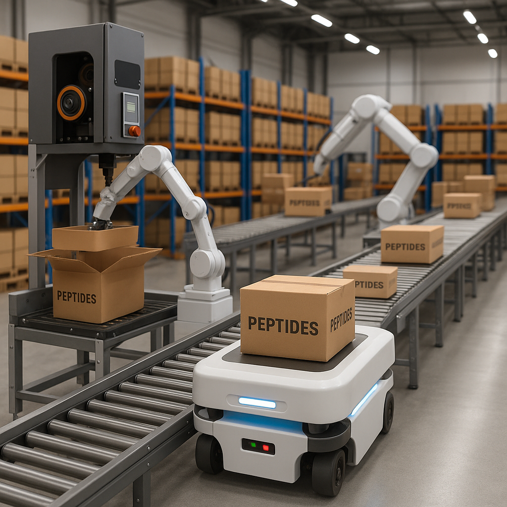Automated fulfillment process showcasing robotic packaging and label printing