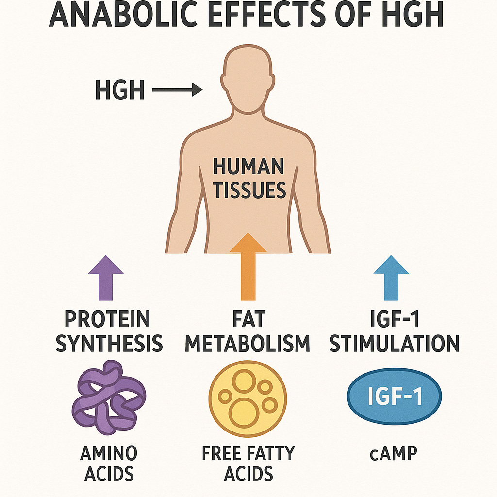 Biochemical pathways of GH-RELATED RESEARCH RESEARCH including protein synthesis, lipolysis, and IGF-1 secretion