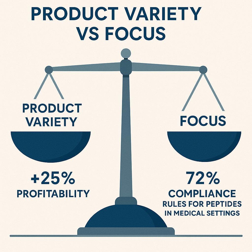Infographic comparing profitability and compliance considerations between varied and focused product mixes