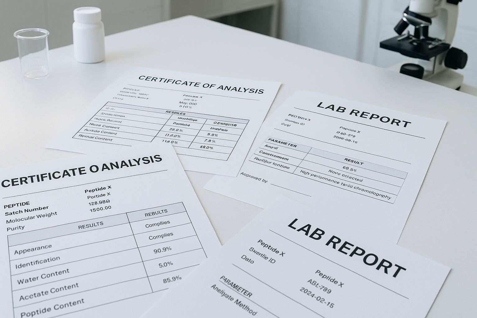 Clean clinical lab setting with Certificates of Analysis and lab reports emphasizing peptide quality assurance