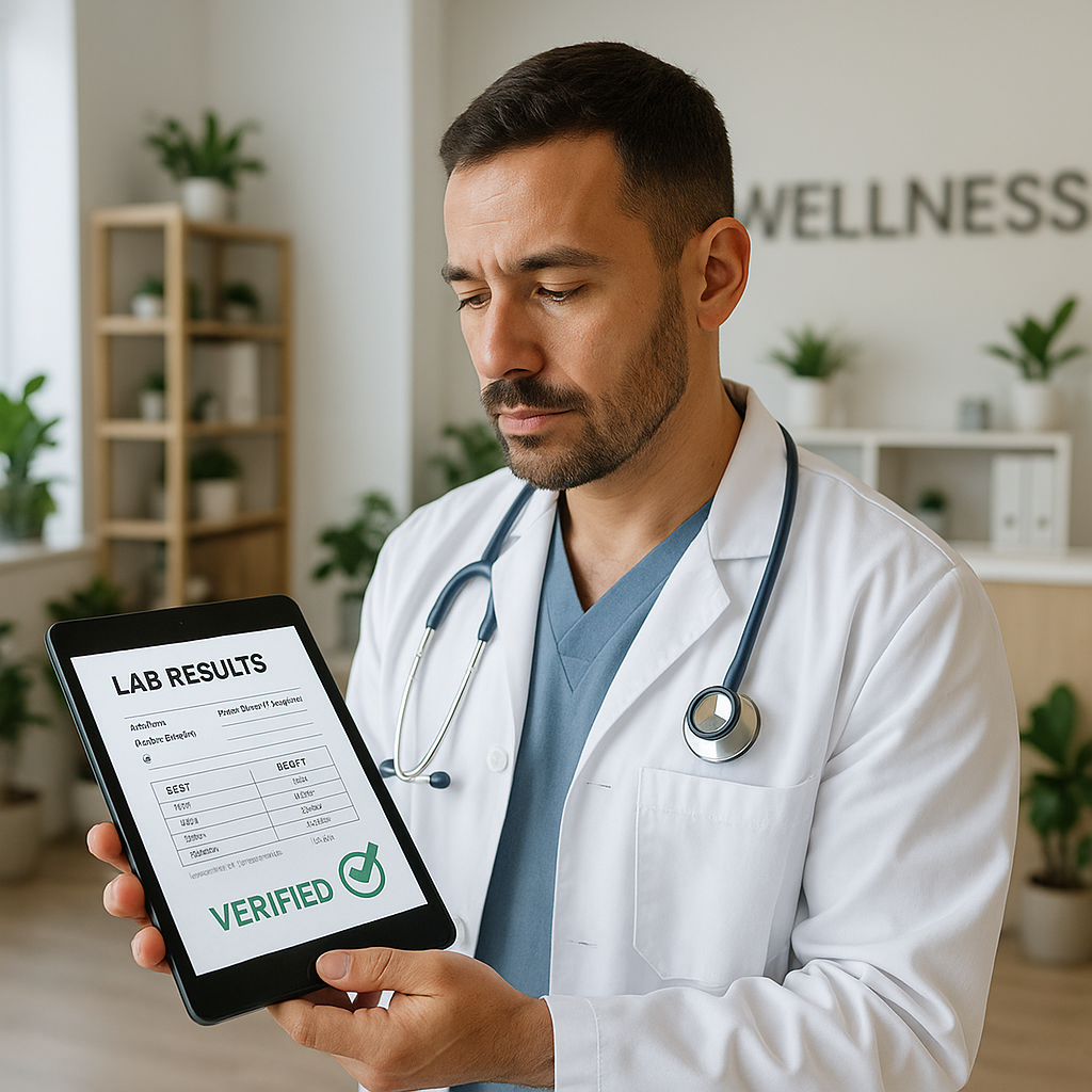 Health clinic owner reviewing verified lab results on a tablet in a wellness clinic