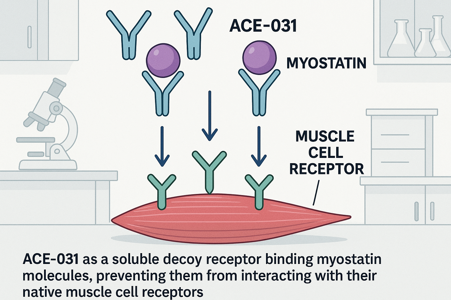 Diagram of ACE-031 binding to myostatin and blocking activin receptor IIB signaling