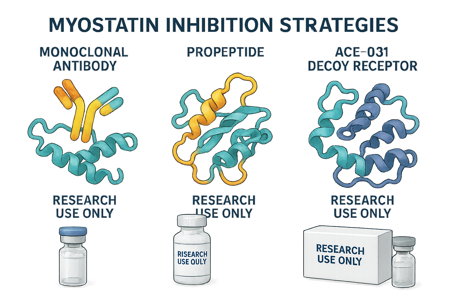 Visual models showing myostatin inhibition mechanisms using monoclonal antibodies, propeptides, and decoy receptors highlighting research-only use designation