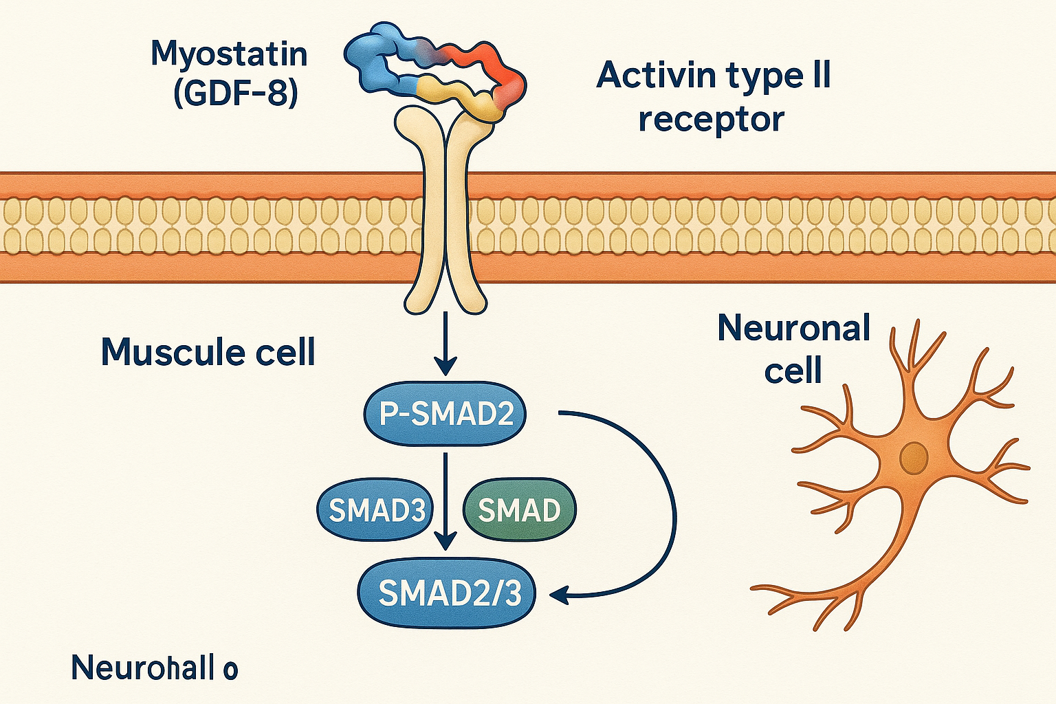 Diagram of the molecular interaction pathway of myostatin signaling through activin receptors and SMAD proteins