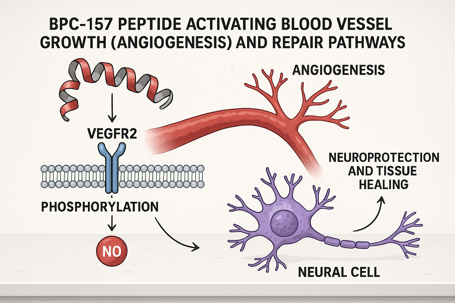 Diagram illustrating BPC-157 mechanisms of neuroprotection and tissue repair