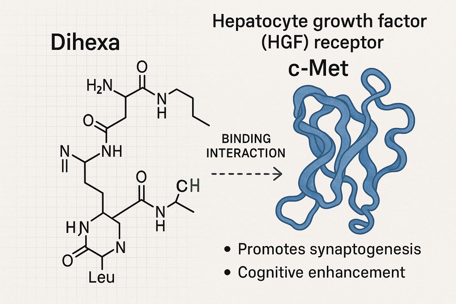 Diagram illustrating Dihexa binding to HGF receptor c-Met research investigating synaptogenesis