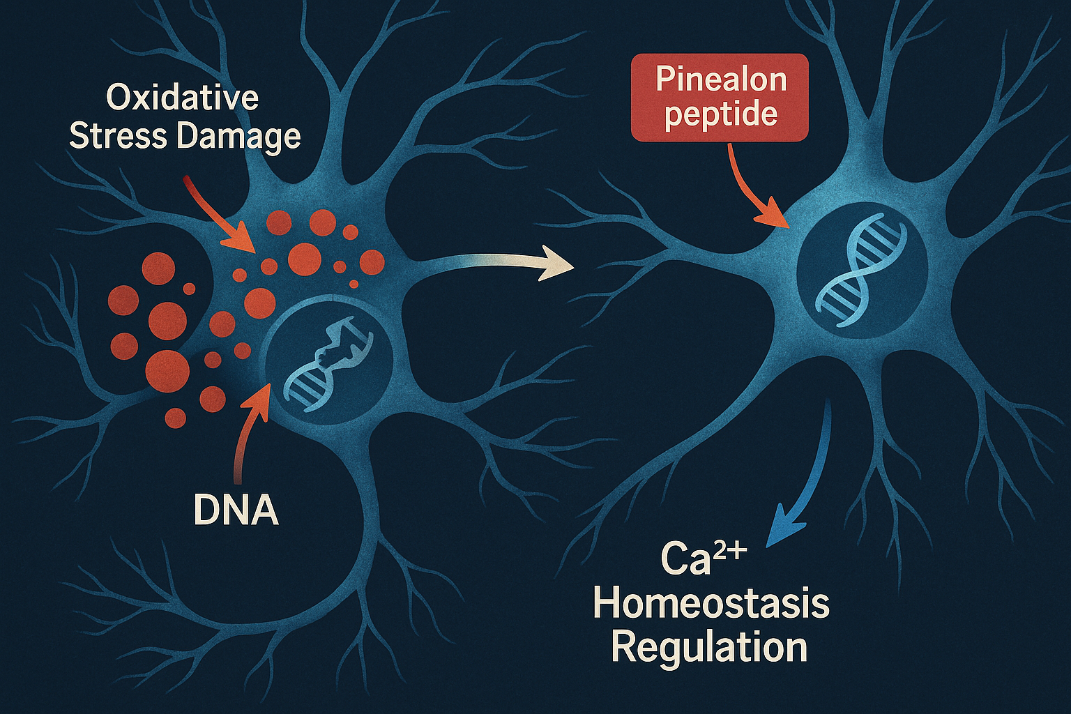 Diagram illustrating Pinealon's mechanism in neuronal protection and calcium homeostasis