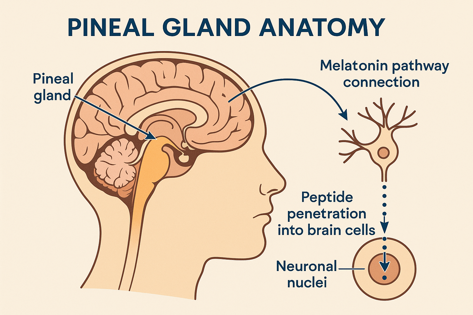 Diagram showing the pineal gland and its connection to melatonin synthesis and circadian regulation