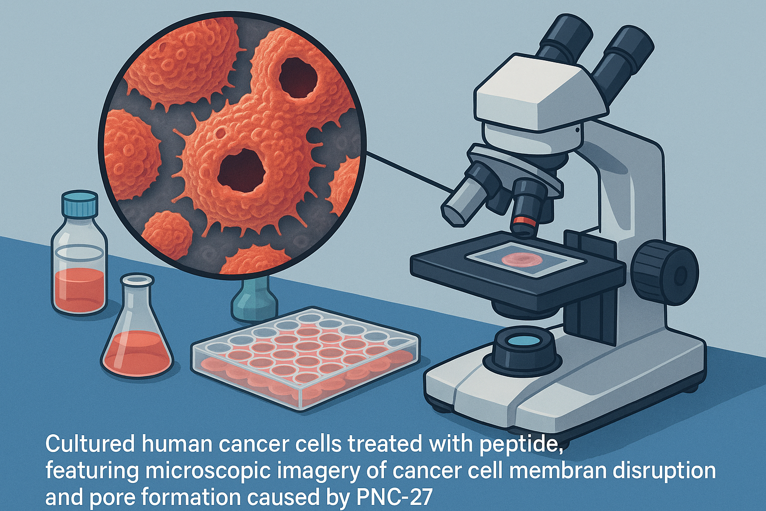 Microscopic image showing membrane pore formation induced by PNC-27 on cancer cells