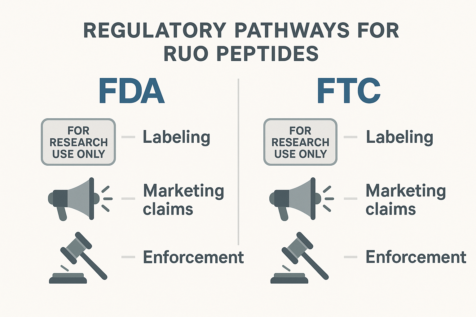 Infographic showing parallel compliance pathways for FDA and FTC regulations on RUO peptides