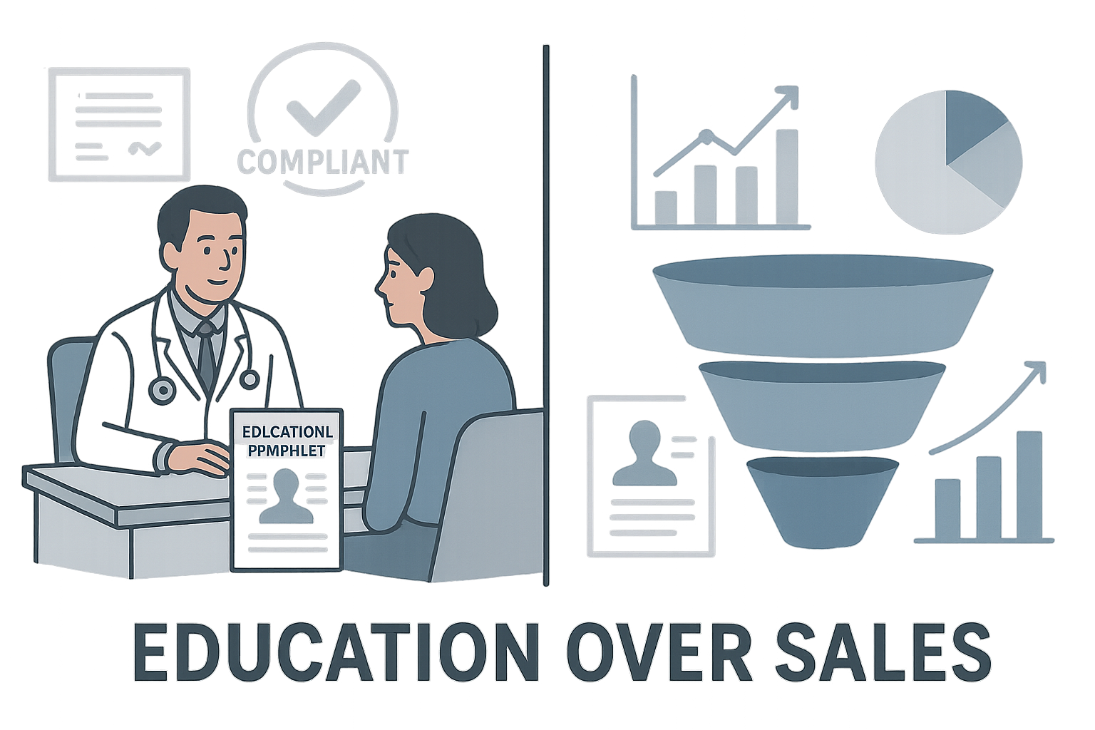 Side‑by‑side comparison of a traditional marketing funnel and a transparent product page in a doctor's office setting