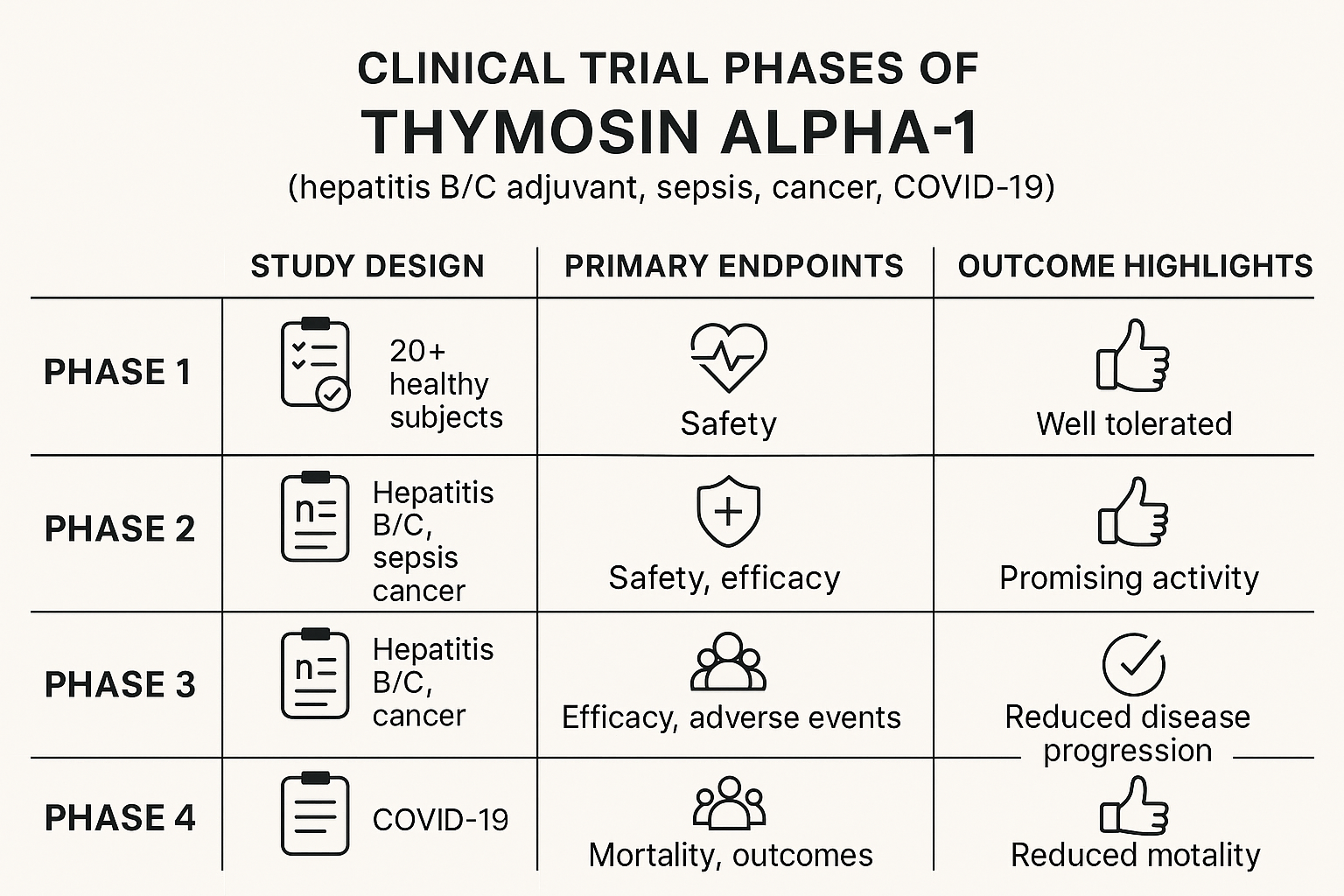 Summary of key clinical trials involving Thymosin Alpha‑1