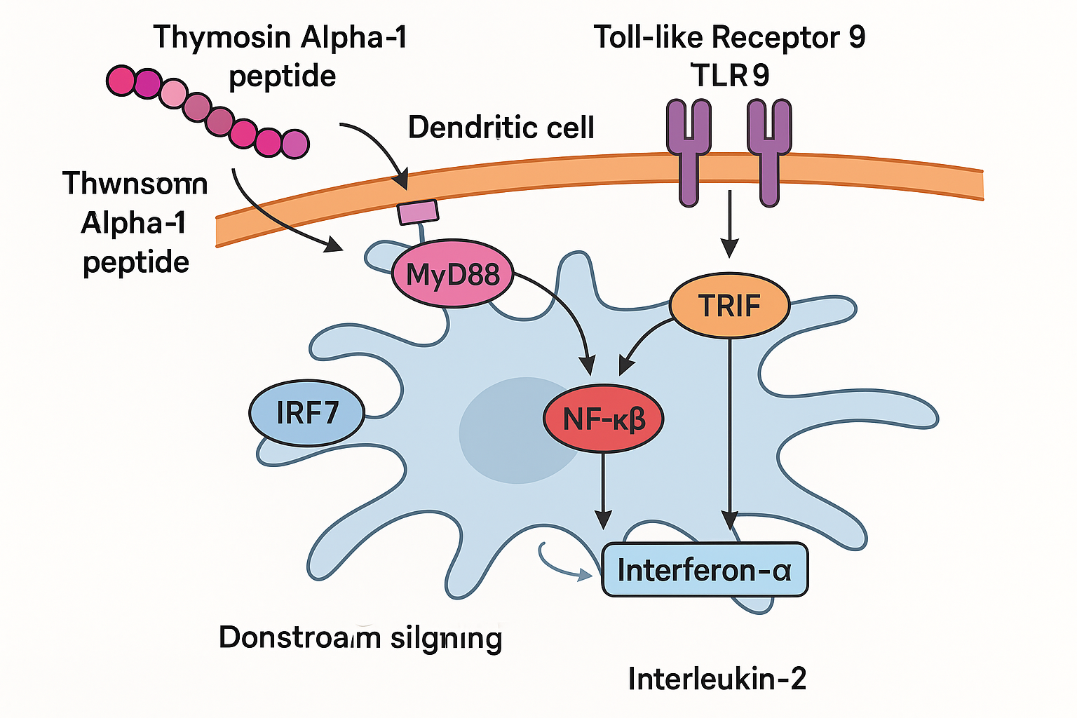 Diagram of Thymosin Alpha‑1 signaling through TLR2 and TLR9