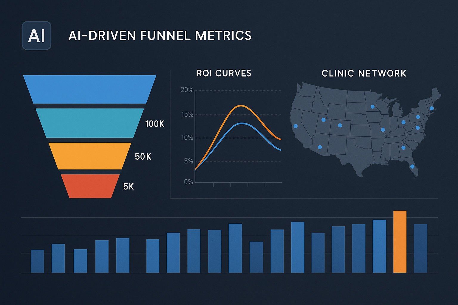 AI analytics dashboard showing funnel heatmap, ROI curve, and geo‑mapped clinic performance