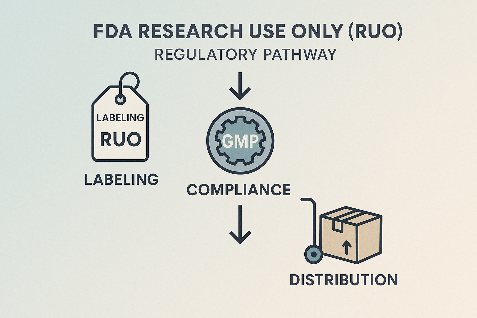 Flowchart illustrating the RUO pathway: labeling, GMP verification, quality testing, and controlled distribution