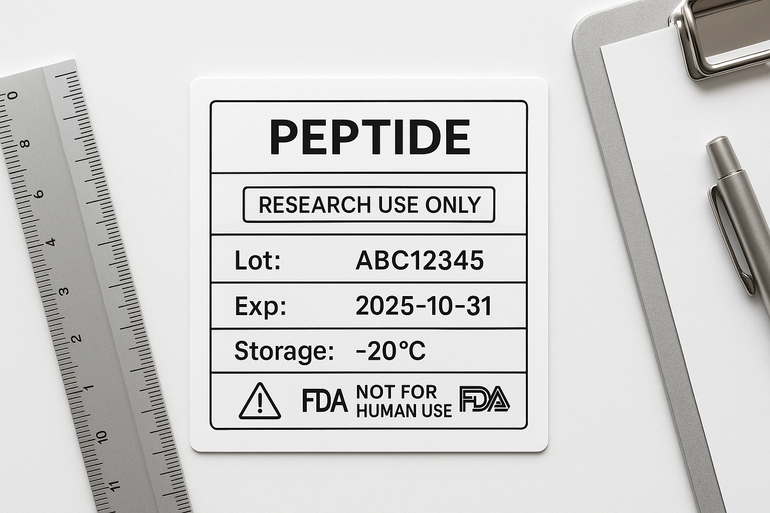 Infographic of a compliant RUO peptide label layout