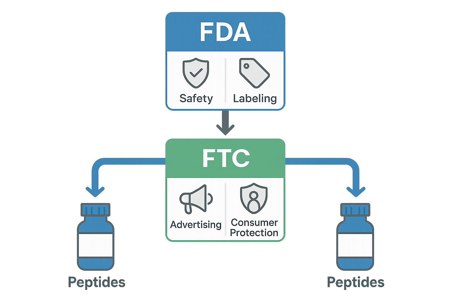 Regulatory flowchart showing FDA oversight of peptide manufacturing and labeling