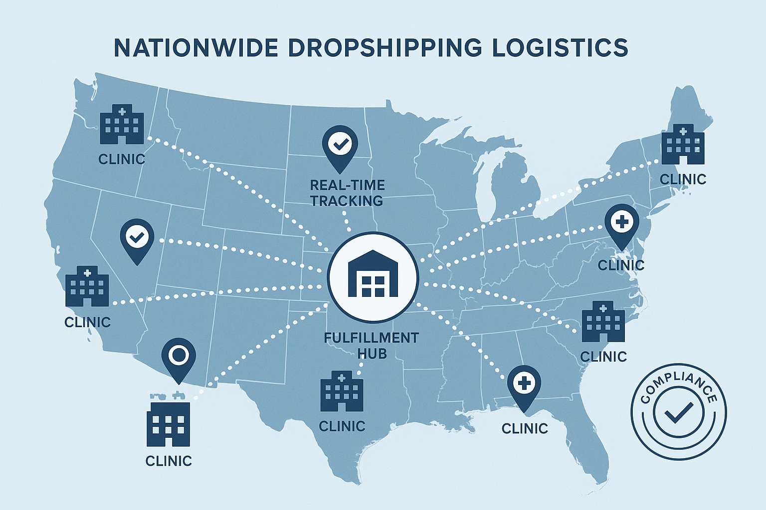 Map of YPB's nationwide delivery routes showing rapid, compliant distribution to multiple clinic locations