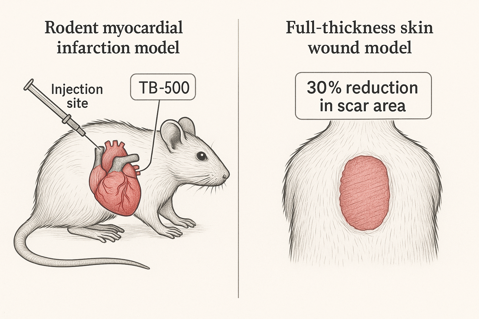 Side‑by‑side schematic of the myocardial infarction and full‑thickness skin wound models used to evaluate TB‑500