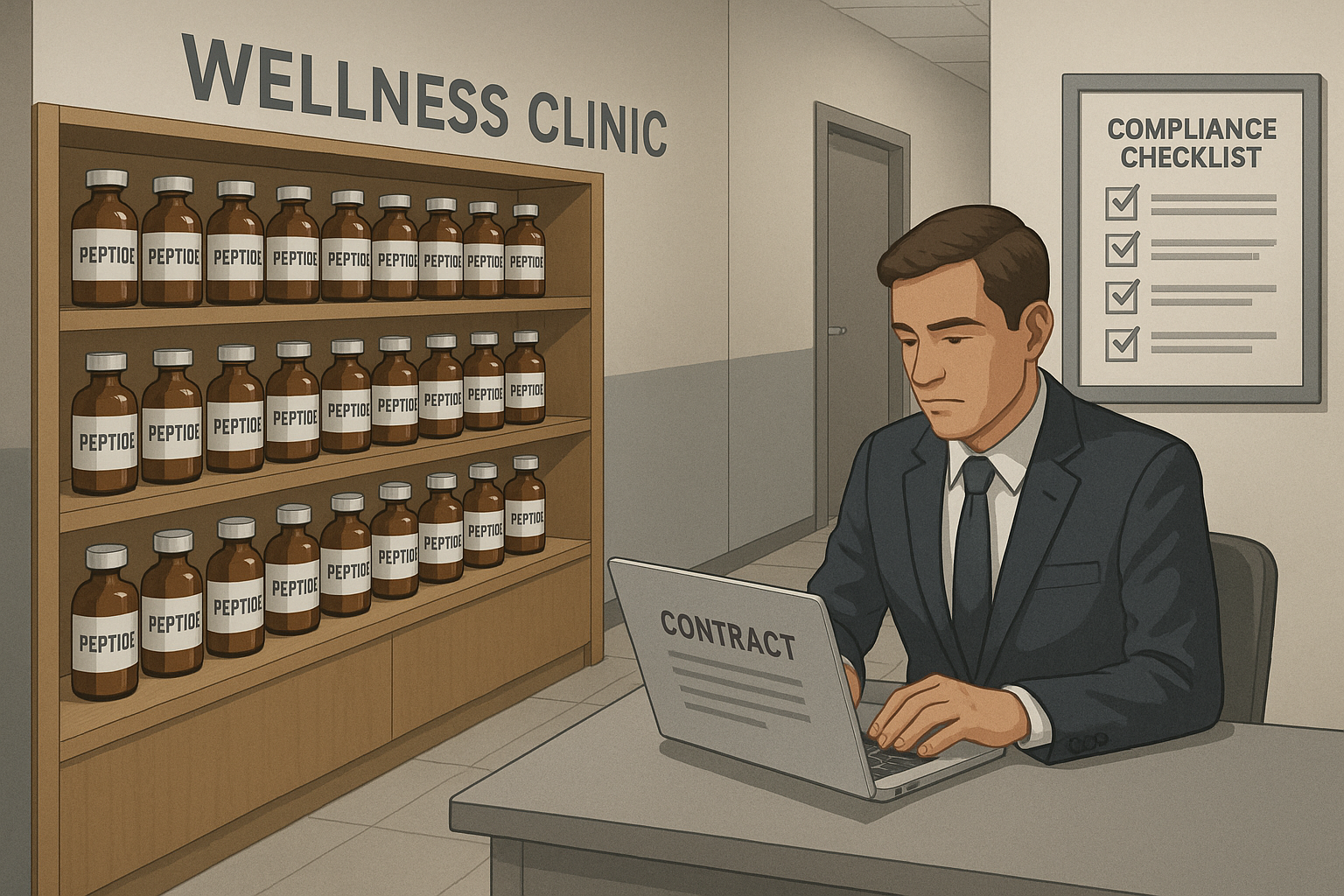 Lawyer reviewing a contract with a clinic staff member in a hallway