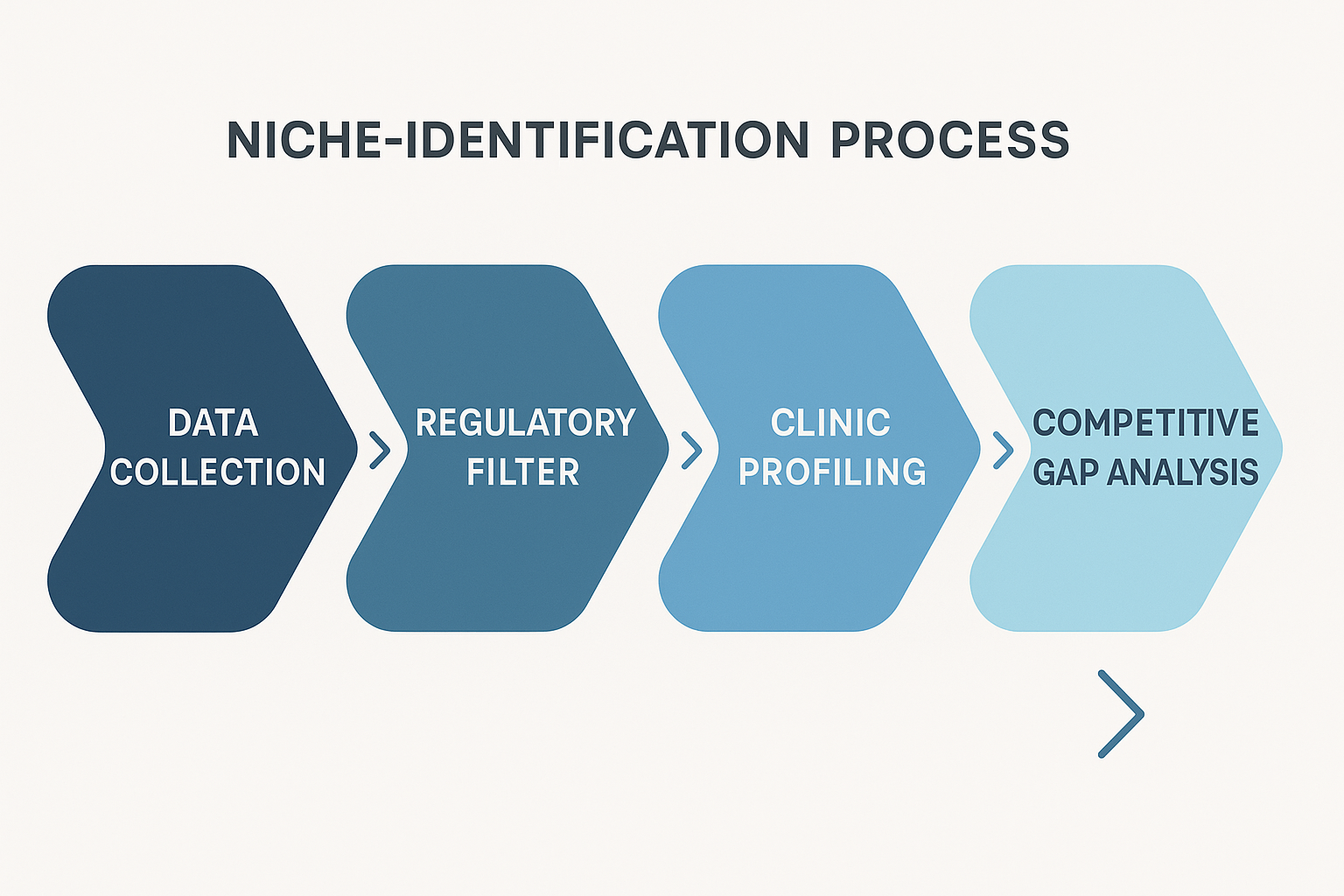 Niche identification workflow diagram showing data collection, regulatory filter, clinic profiling, competitive gap analysis, and outreach plan
