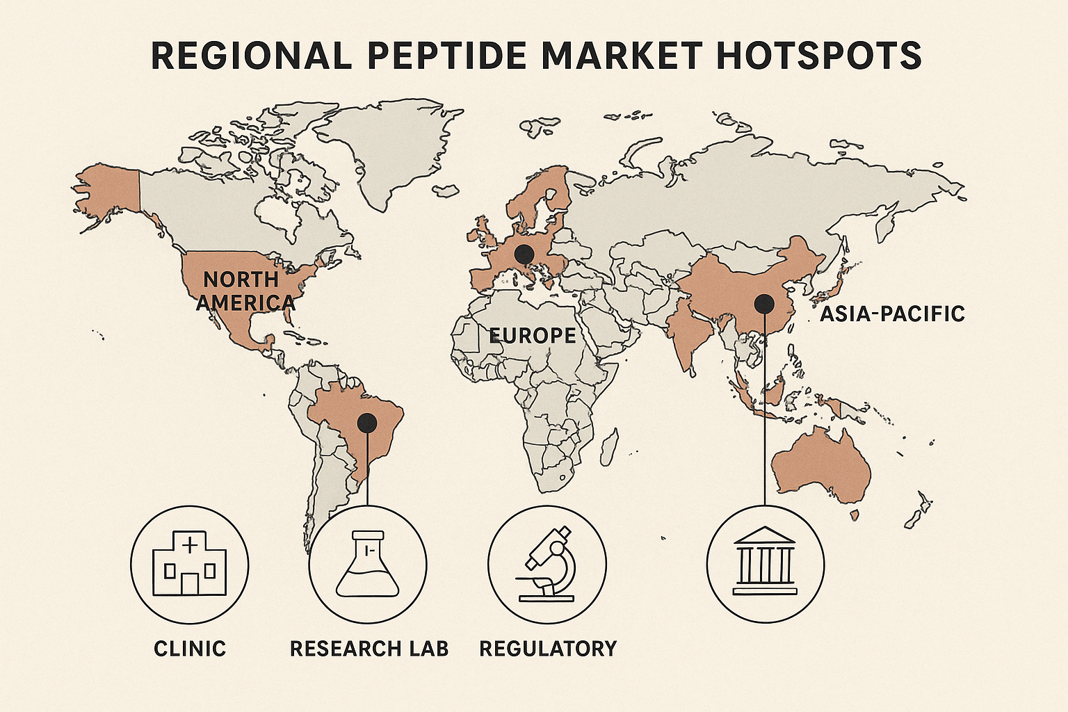 World map highlighting peptide market hotspots across North America, Europe, and Asia‑Pacific
