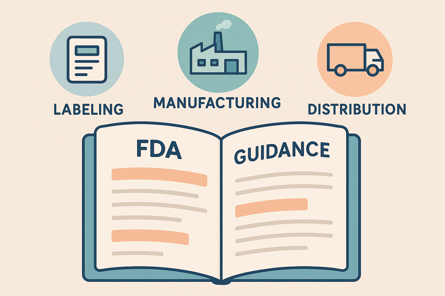 Infographic showing FDA guidance pillars: labeling, manufacturing, distribution