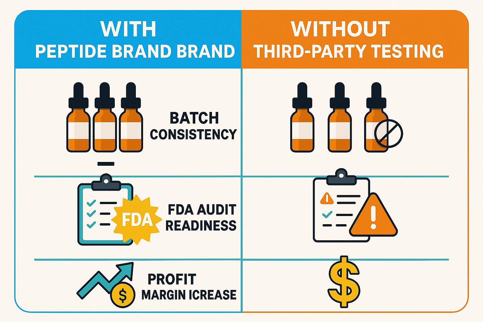 Infographic comparing peptide batch consistency, FDA audit readiness, and profit margins with and without third‑party testing