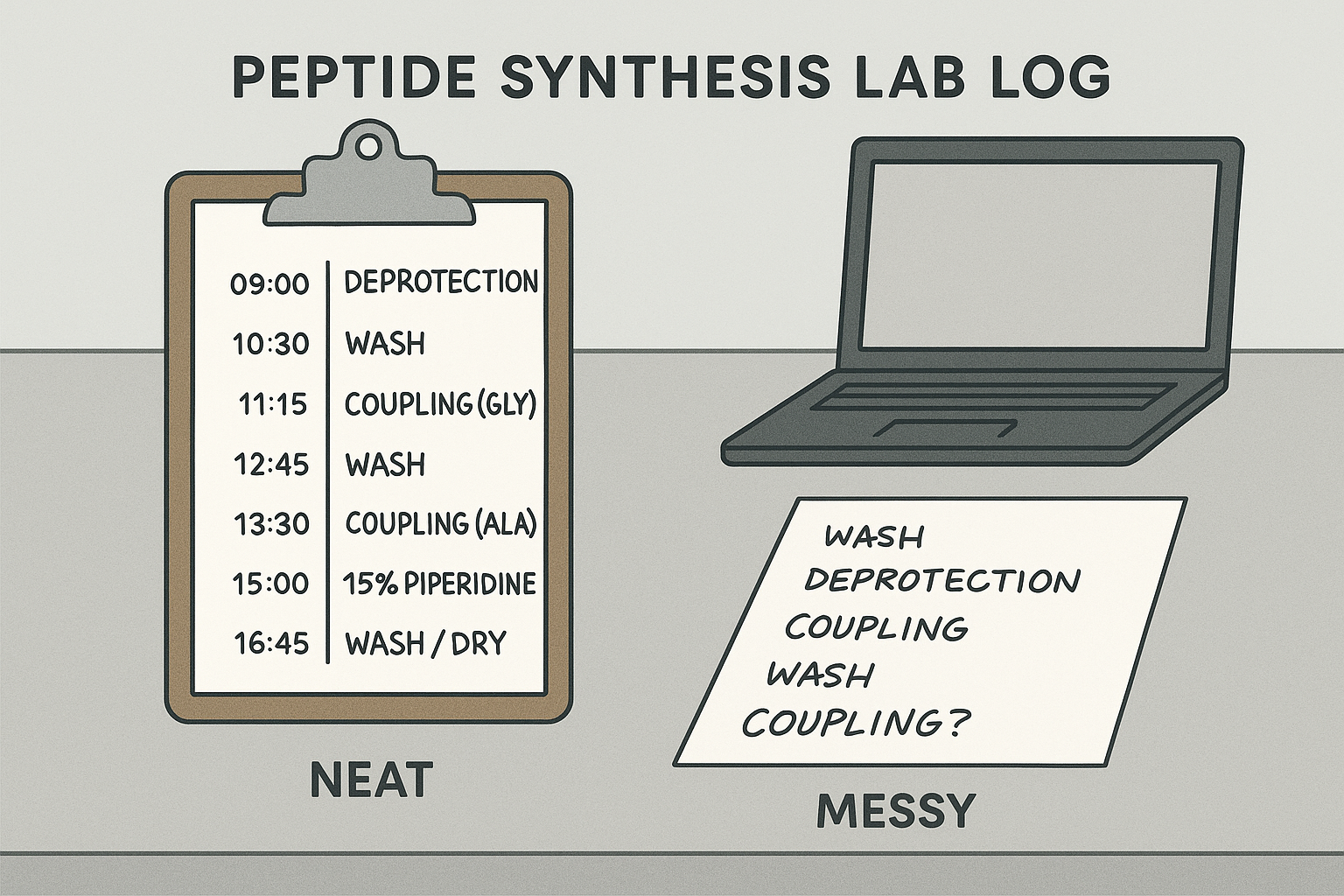 Side‑by‑side comparison of a meticulous lab notebook entry and a disorganized one