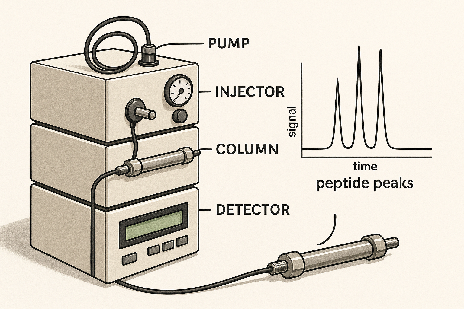 HPLC system schematic showing pump, injector, column, and detector