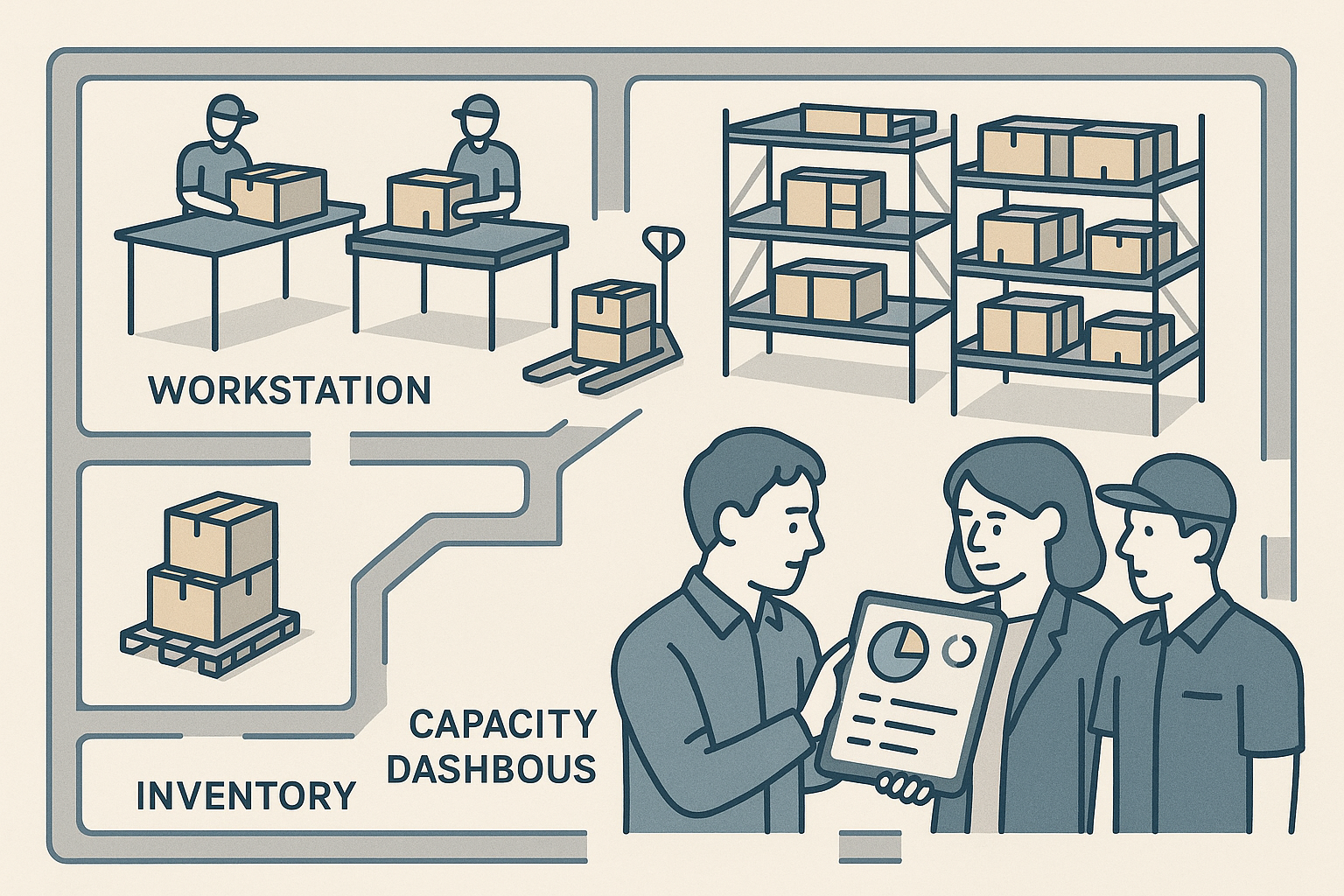 Infographic of warehouse workstations, inventory zones, and capacity dashboard