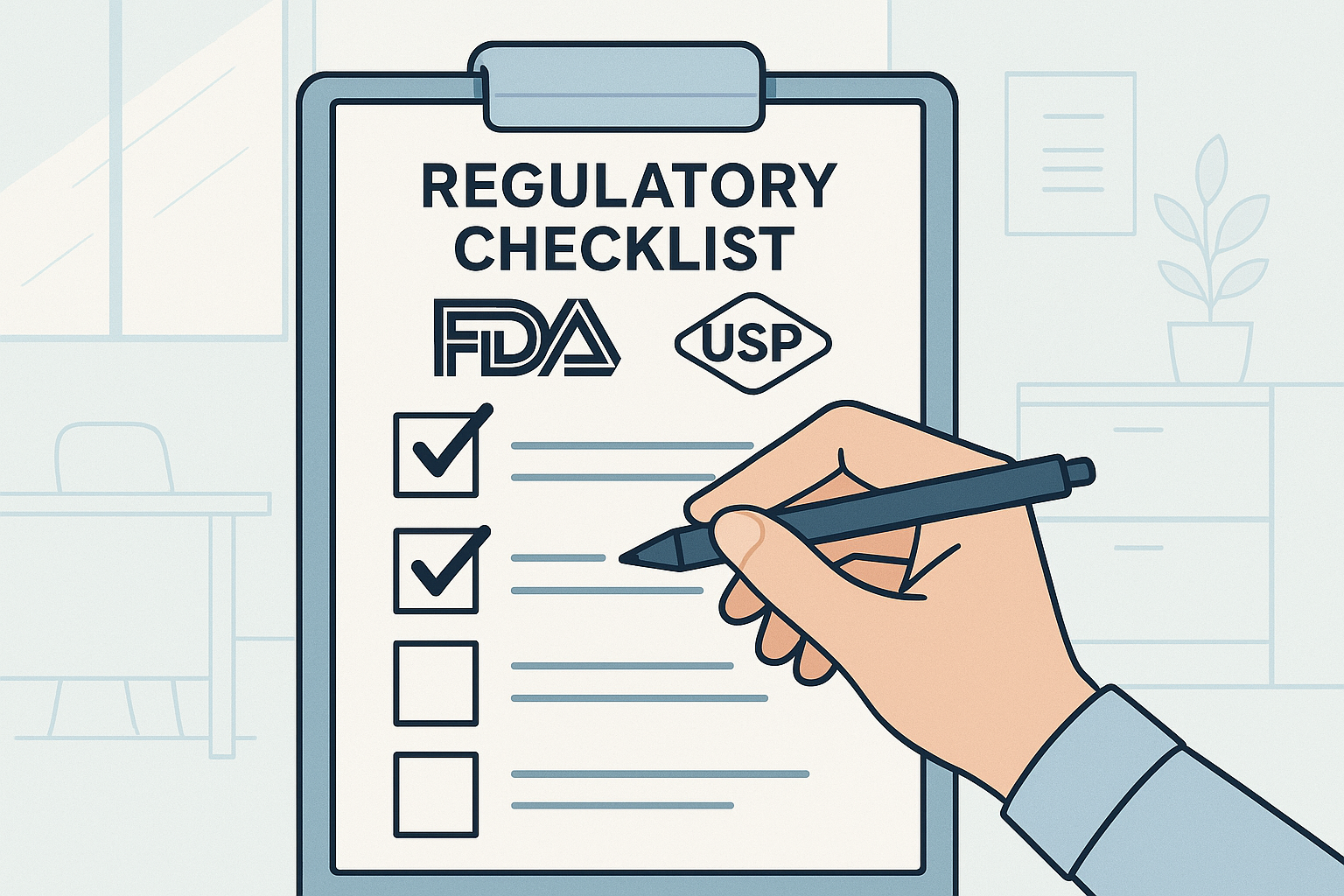 Regulatory checklist illustration showing procurement, storage, labeling, and disposal steps for peptide products
