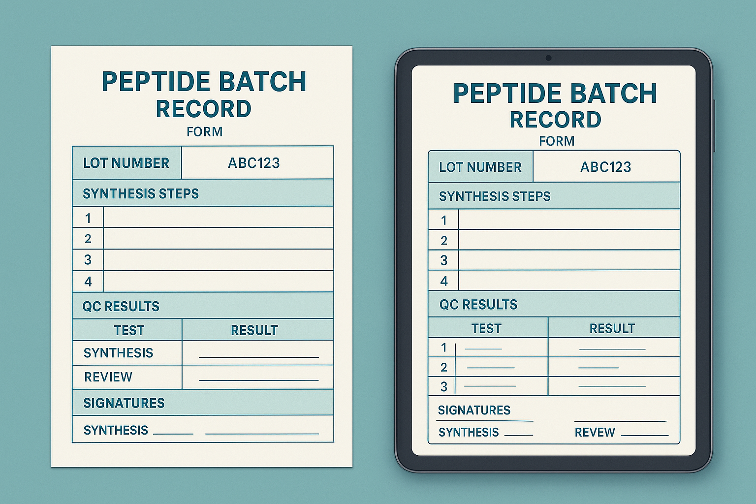 Infographic showing a detailed peptide batch record layout with sections for lot number, synthesis steps, raw material IDs, in‑process controls, final QC results, and signatures