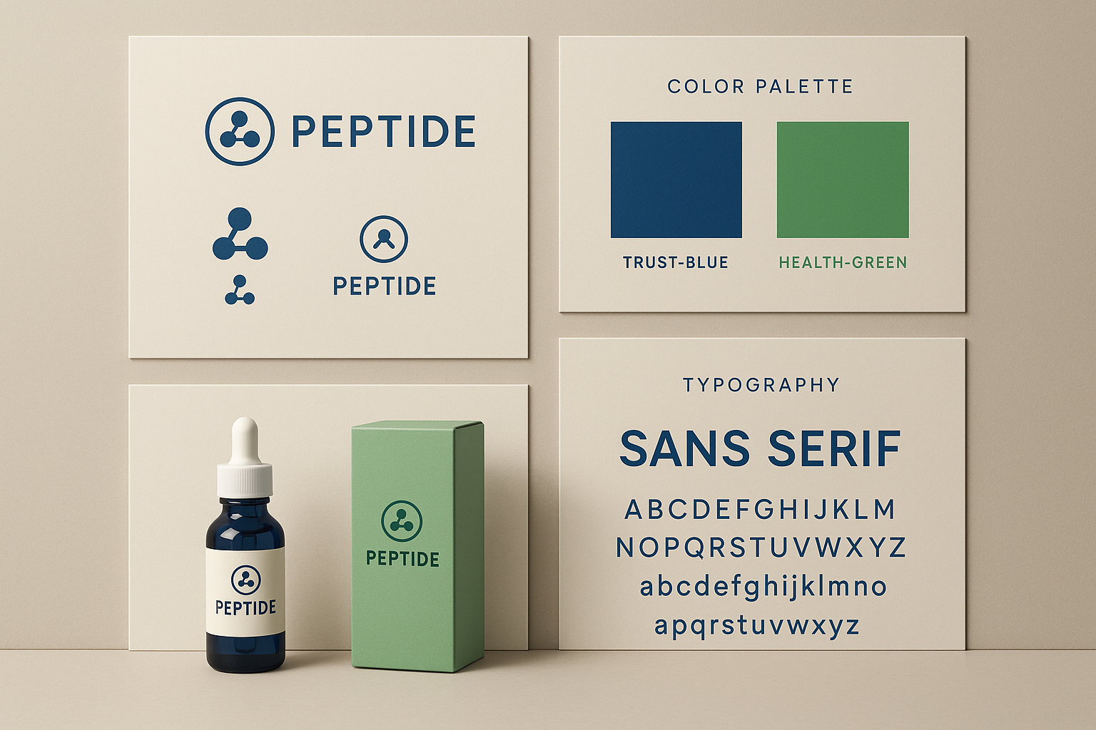 Brand identity board showing logo variations, color palette, typography, and packaging mock‑ups for a peptide brand