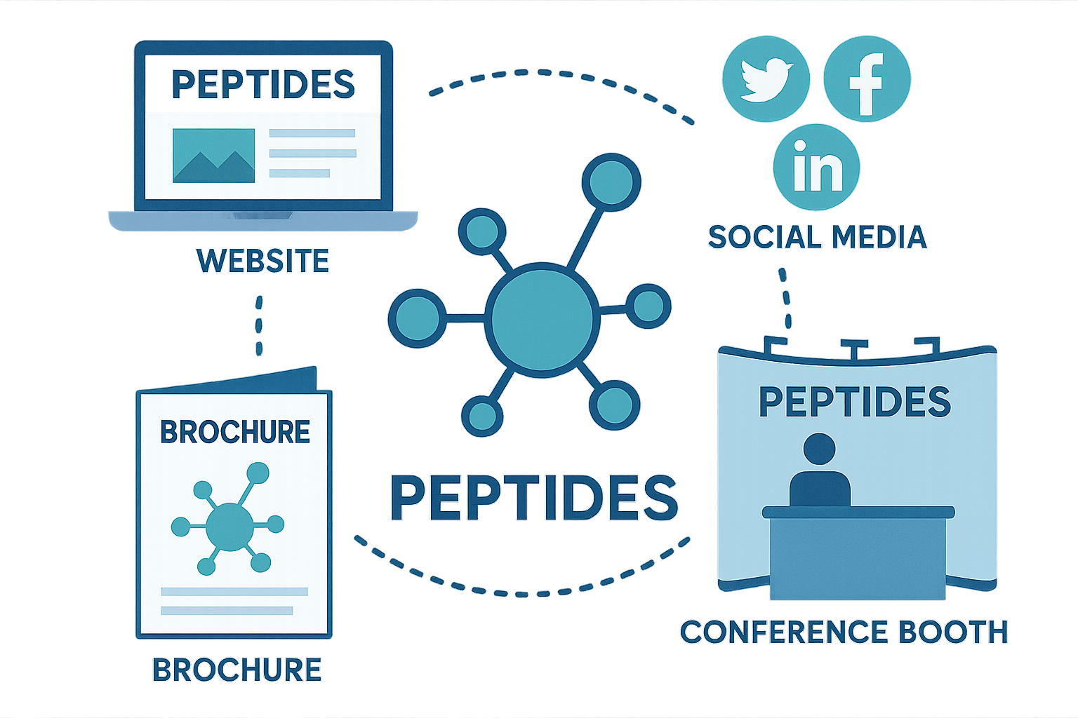 Diagram showing website, social icons, conference booth, and brochure surrounding a peptide molecule