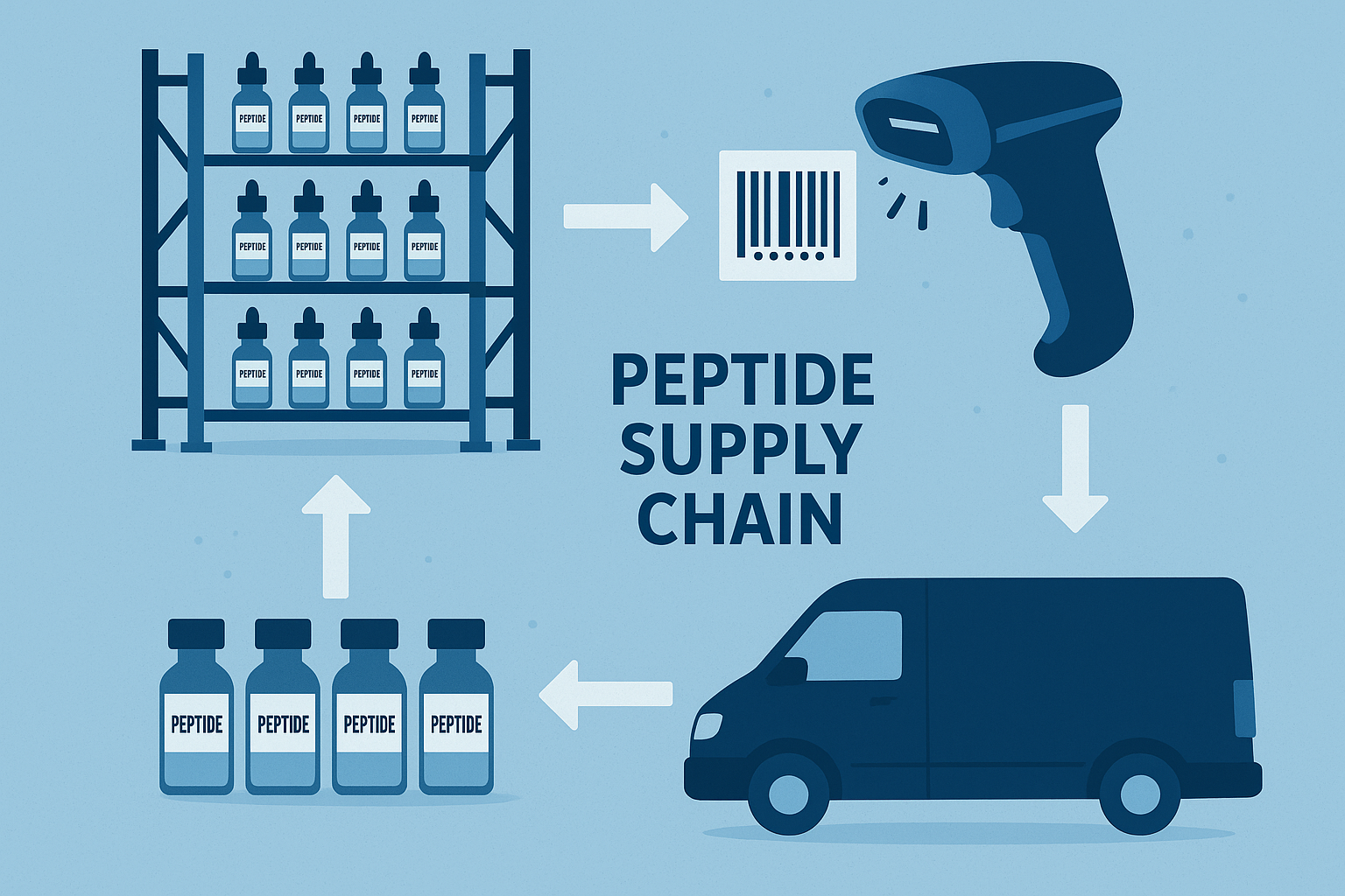Infographic of warehouse shelves, barcode scanners, and delivery vans illustrating the peptide supply chain