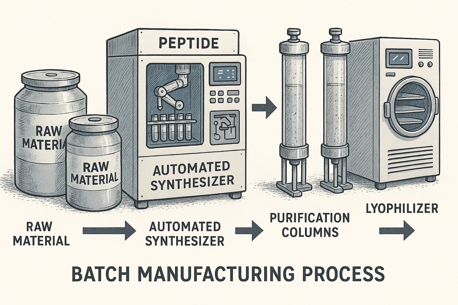Diagram of peptide production workflow from raw material to final packaging