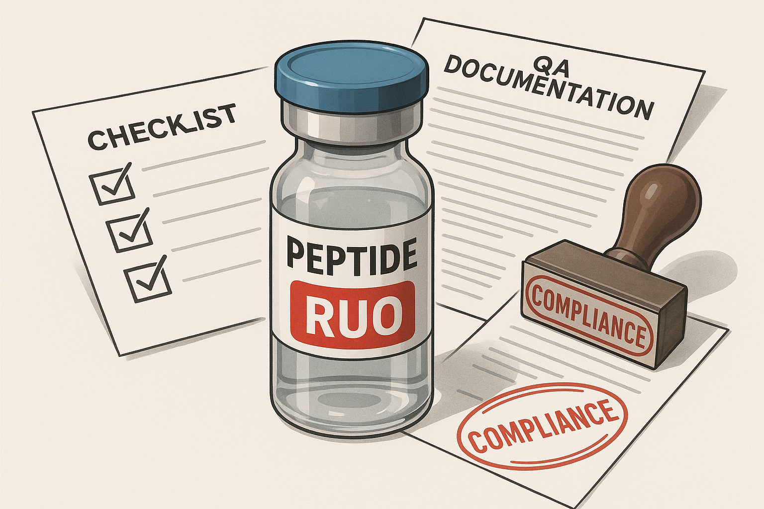 RUO peptide vial with label showing required elements