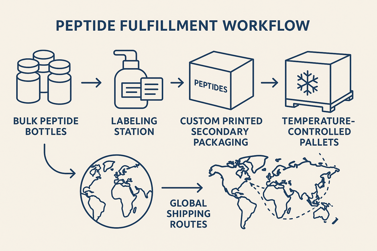 Workflow diagram showing anabolic pathway research research peptide bottles moving through labeling, secondary packaging, temperature‑controlled pallets, and global shipping routes